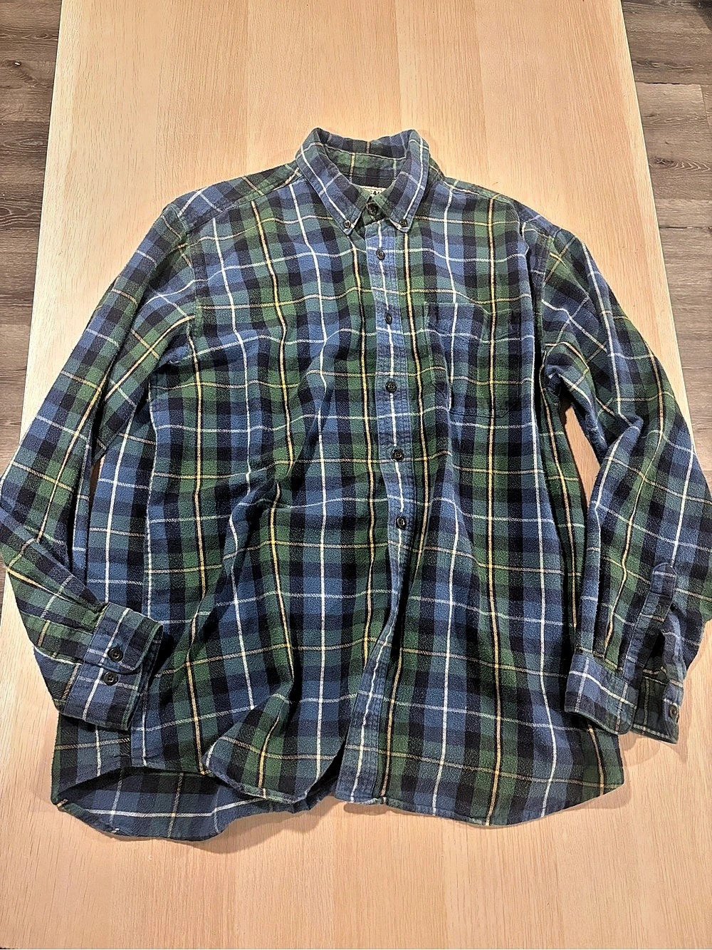 LL Bean Scotch Plaid Flannel Shirt, Traditional Fit Blue & Green Large